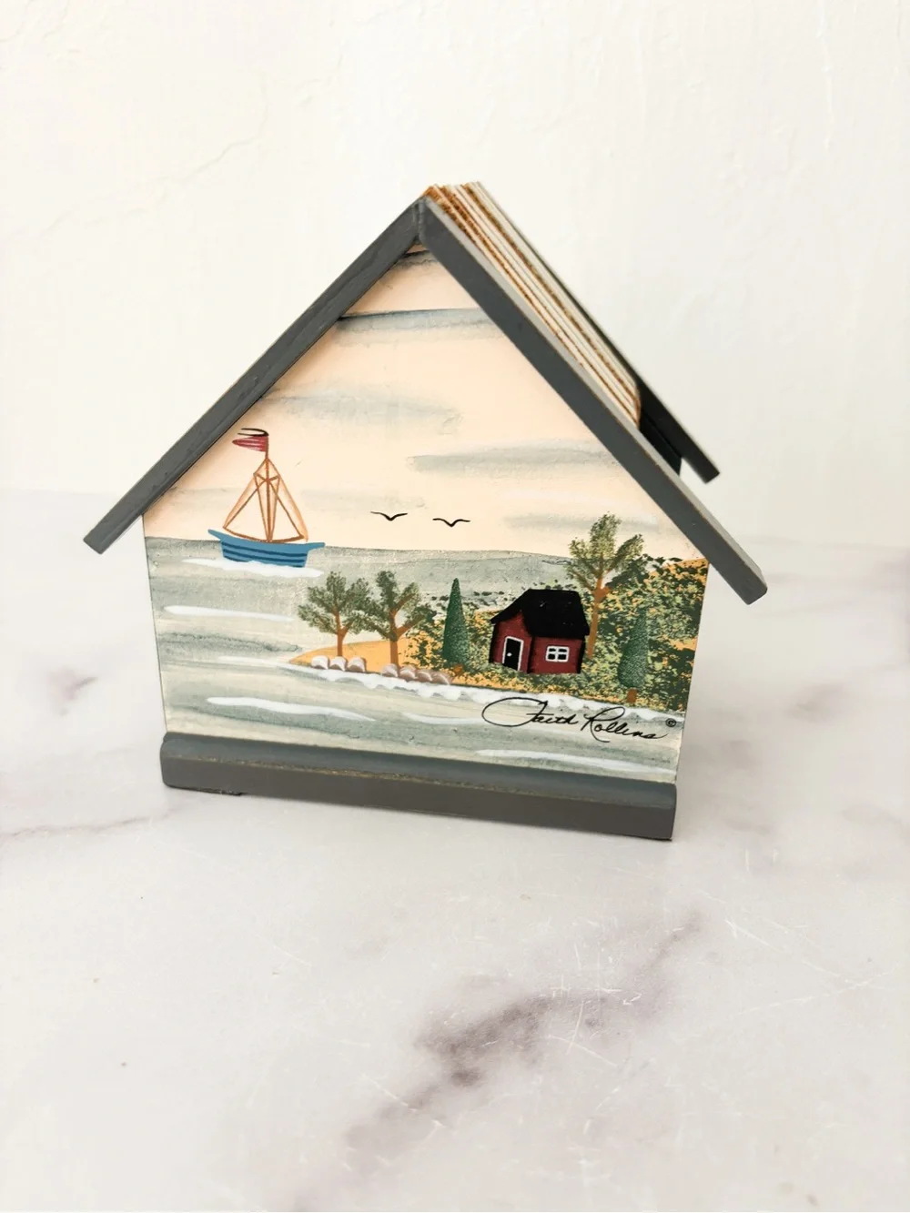 Hand-Painted Lighthouse Wooden and Cork Coaster Set - Coastal Blue & Tan
